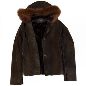 Damselle Brown Leather Jacket Real Fur Trim Hooded Button Coat Women’s Size S